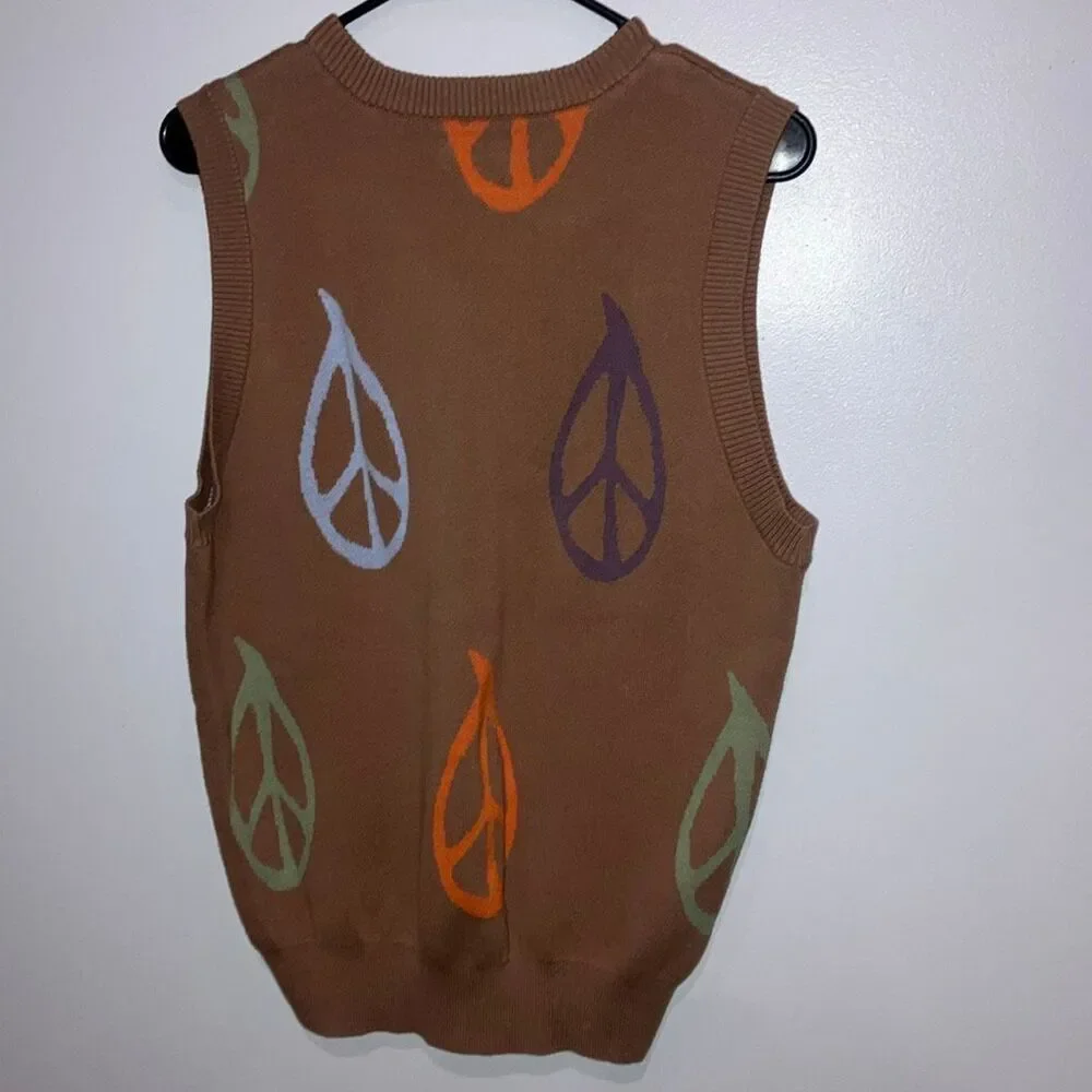 Obey Peace Sweater Vest 100% Cotton V-neck Brown knit pull over Small #500